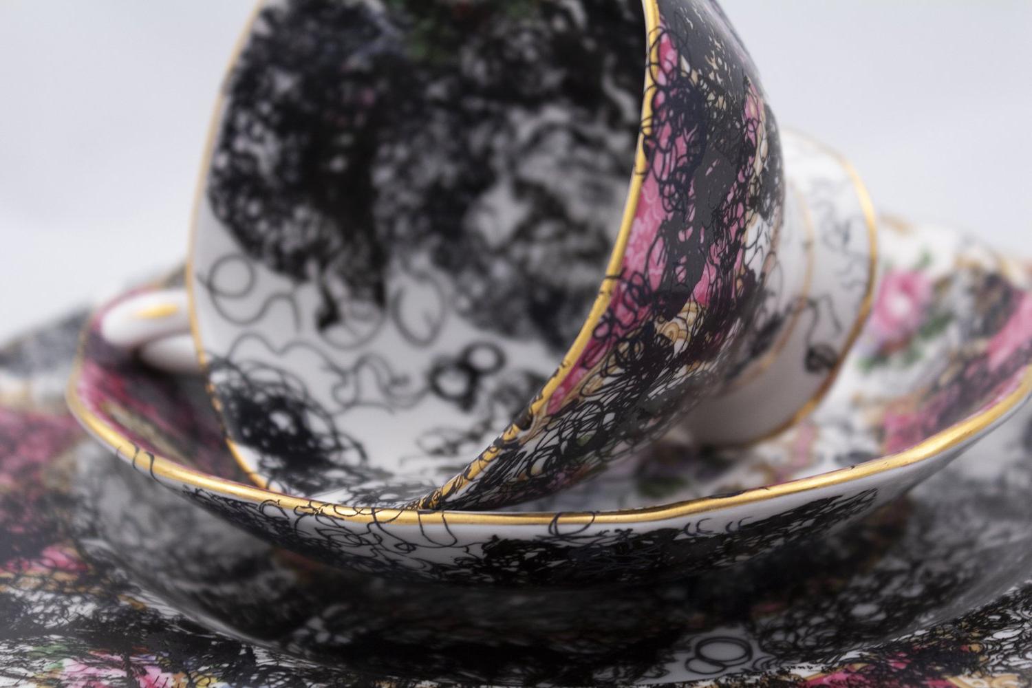 artwork by Sharon Norwood called Hair Matters using the overglaze drawing method on vintage china